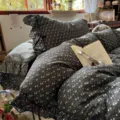 Vintage dark floral bedding set with ruffles and bows, queen size duvet cover and pillowcases. - Vintage Bow - Between Pines & Moon - Grey