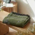 Vintage cotton jacquard throw blanket, green fringe sofa bed cover for cozy home decor. - Sunward Blooming (Green)