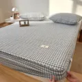 Blauw-wit geruit hoeslaken set, 100% gewassen katoen ademend beddengoed voor slaapkamer. - Gewatteerd model - waterblauw ruitje