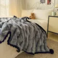 Grey Faux Fur Blanket with Black Pom Pom Trim Fluffy Soft Warm Cozy Bed Throw 150x200cm - 100*150cm / Cloud Velvet Black Pearl - Coconut Grey