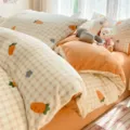 Winter thickened milk fleece bedding set, cute carrot grid coral flannel quilt cover sheets. - Carrot Lover