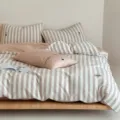 Gestreiftes Waffel Bettwäsche Set in Rosa und Weiß aus Baumwolle für das Schlafzimmer - [Betttuch-Stil] 0,9 m 3er-Set - Bettbezug 150x200 / Käse - Kakaobraun