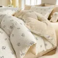 Minimalist beige grid duvet cover set with cute botanical branch print for cozy bedroom decor. - Tulip Theme