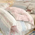 Cotton floral bedding set with pink and blue stripes, soft winter duvet cover for cozy bedroom decor. - Clouds Listening to Dance
