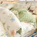 Cozy cotton duvet cover set with fresh green plaid and floral botanical print design. - Floral Sentiment