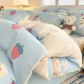 Cute cartoon strawberry rabbit print cotton duvet cover bedding set soft and cozy style - Fun Theme Park - Blue
