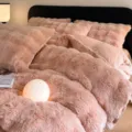 Pink fluffy faux rabbit fur bedding set, winter warm plush duvet cover and bed sheet. - Rabbit Wool - Dusty Rose