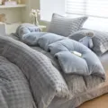 Thickened plush fleece winter bed sheet set, cozy flannel quilt cover and matching pillowcases. - Silver Gray Blue / 2.0m Flat Sheet Four Piece Set