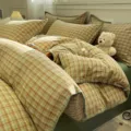 Juego de cama de algodón a cuadros verde retro, funda nórdica y fundas de almohada vintage. - Suge - verde pino