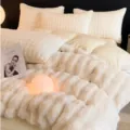 Fluffy Milk Fleece Winter Warm Bedding Set Soft Thickened Duvet Cover Pillowcases - 0.9/1.2m Bedsheet 3-Piece Set / Upgraded Long Rabbit Wool - Warm White
