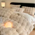 Thickened plush milk velvet winter bedding 4-piece set, cozy warm fluffy duvet cover and sheet. - 0.9/1.2m Bedsheet 3-Piece Set / Upgraded Long Rabbit Wool - Beige