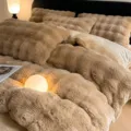Winter thickened rabbit milk fleece bedding set, cozy camel coral velvet quilt cover variant. - Upgraded Long Rabbit Plush - Camel