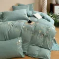 Parure de lit luxueuse en coton lavé avec broderie florale délicate, douce et élégante pour la chambre. - Danse des papillons (à lacets) - vert élégant