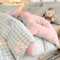 Cute blue-white checkered cotton duvet cover with adorable puppy print for cozy bedroom decor - Star Hairpin Dog