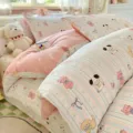 Cotton bedding set with cute cartoon cat and dog prints, comfortable and soft bedroom decor. - Pink Kitty Sauce / 120x150cm Single Duvet Cover
