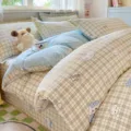 Green plaid cotton bedding set duvet cover with cute cartoon print and plush dog toy decor - Energetic Bubu / 120x150cm Single Duvet Cover