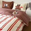 Baumwolle Bettwäsche Set mit Cartoon Hund Muster und rotem Streifen Bettbezug Variante. - Schokoladenkeks / [Betttuch-Stil] 0,9 m 3er-Set - Bettbezug 150x200