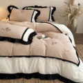 Winter thick milk fleece bedding set, coral fleece duvet cover with delicate floral embroidery. - Tuscany - Coffee / 1.5m 4-Piece Set (Duvet Cover 200x230cm)