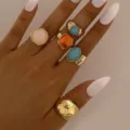 Adjustable gold-plated enamel ring set featuring colorful stones and unique irregular designs - Five-Piece Colorful Enamel Open Style (6503701HB)