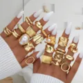 Stylish gold-plated chunky ring set featuring irregular designs and elegant pearl accents - Western Luxury Adjustable Artificial Pearl Ring Set (6690901HB)