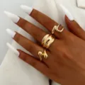 Trendy adjustable irregular gold ring set featuring wavy organic textures and open design - Wave U-Shaped Irregular 3-Piece Set (6405901HB) / Gold