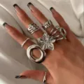 Elegant silver ring set with irregular flower designs and adjustable open bands for women - Flower Entwined Irregular Set (6482901HB) / Silver