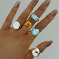 Minimalist enamel ring set with irregular silver band and colorful oval stones for women - Enamel Irregular Geometric 5-Piece Set (6503702HB) / Silver