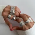 Statement silver ring set featuring thick irregular geometric and ribbed metal designs - Vintage Chunky Silver Irregular Set (6422202HB) / Silver