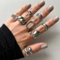 Minimalist silver-tone irregular chunky ring set for women adjustable open design - Eight-Piece Minimalist Twisted Streamlined Open Ring Set (6573802HB)