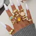 Elegant gold adjustable ring set featuring irregular enamel stones and textured patterns - Multi-Piece Gold-Tone Spiral Texture Open Style (6667101HB)