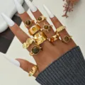 Bohemian gold plated enamel ring set featuring irregular designs and amber stones - Ten-Piece Gold-Tone Lava Amber Rhinestone Style (6682101HB)