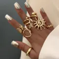 Bohemian style chunky gold irregular ring set featuring sun flower and shell designs - Adjustable Open / European Vintage Bohemian Multi-Piece Set (6662501HB) / Gold
