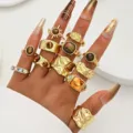 Vintage gold irregular enamel ring set with adjustable opening and amber stones - Sunflower Wrinkled Geometric Set (6688401HB) / Gold