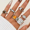 Silver irregular ring set with amber stones and textured patterns on hand - Six-Piece Irregular Amber Gemstone Style (6548102HB) / Silver