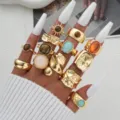 Vintage gold adjustable ring set with colorful enamel stones and irregular textured patterns - Bohemian Tiger Eye Stone Set (6690801HB) / Gold