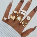 Bohemian adjustable gold enamel ring set with heart sun and star patterns for women - Eight-Piece White Enamel Geometric Style (6728901HB) / Gold