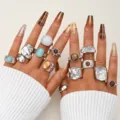 Vintage silver irregular open enamel ring set worn on hands with manicured nails - Bohemian Colorful Gemstone Set (6690802HB) / Silver