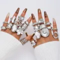 Silver chunky ring set featuring statement flower and baroque pearl styles - Silver-Tone Exaggerated Vintage Multi-Piece Set Style (6683301HB)