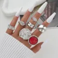 Boho chunky silver irregular ring set featuring a bold red faceted statement gemstone - Seven-Piece Silver-Tone Red Stone Vintage Style (6557002HB)