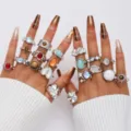Vintage silver adjustable ring set featuring irregular textures and colorful resin stones - Eighteen-Piece Silver-Tone Colorful Gemstone Style (6688002HB)