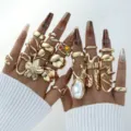 Gold-tone adjustable ring set with irregular patterns and unique floral designs - Gold-Tone Artificial Pearl Enamel Irregular Ring Set Style (6714401HB)