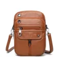 Borsa a tracolla mini in pelle PU marrone da donna, borsa telefono vintage lavata tasche. - Marrone