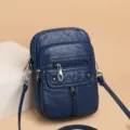 Borsa a tracolla mini in pelle morbida lavata blu scuro, borsa a spalla multi-zip per cellulare. - Blu