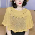 Women hollow out knit shawl summer sun protection breathable cape stylish cardigan top - Tops / Yellow