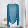 Women hollow knit shawl cardigan ice silk summer office air-conditioning cover up blue - Blue