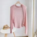 Pink ice silk knitted hollow shrug cardigan detail view, summer air-conditioned room outerwear - Pink