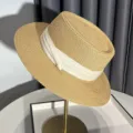 Women's summer straw hat, retro flat top boater hat with white ribbon band, beach sun hat. - Adjustable / Khaki - Beige Strap