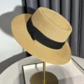 Women Summer Straw Boater Hat Beach Sun Protection Cap With Black Ribbon Vintage Style - Adjustable / Khaki - Black Strap