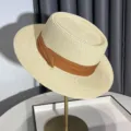 Women vintage straw boater hat summer beach sun hat with brown ribbon stylish accessory - Adjustable / Beige - Brown Strap