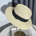 Summer women flat top straw hat with black ribbon elegant beach sun protection hat style. - Adjustable / Beige - Black Strap